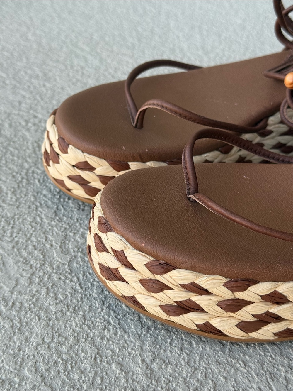 Anthropologie Platform Woven Raffia & Leather Lace Up Sandals Sz 40 US 9.5 Brown - Picture 8 of 14